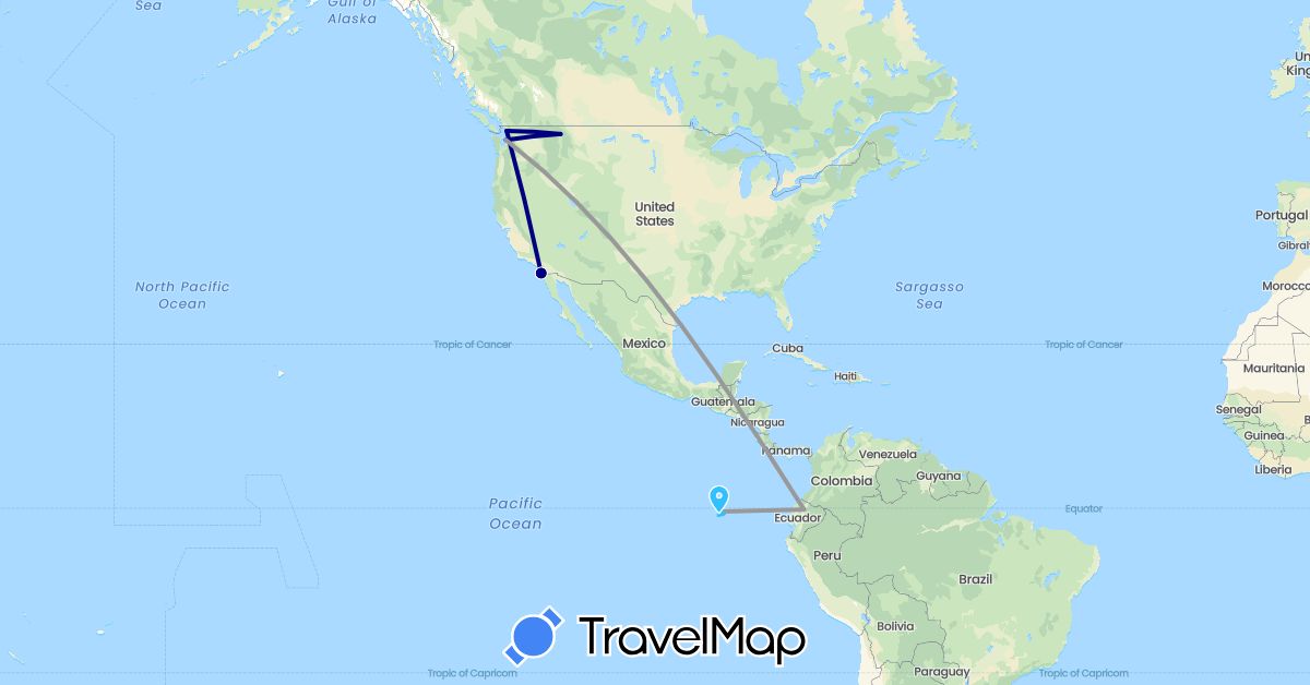 TravelMap itinerary: driving, plane, boat in Ecuador, United States (North America, South America)